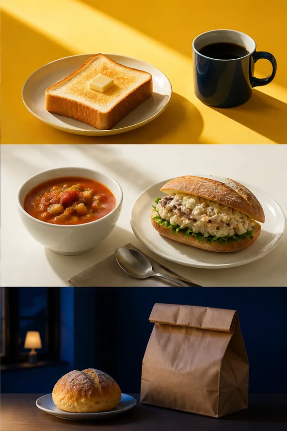 朝食と昼食と夕方の持ち帰りを一枚にまとめたパンの生活風景