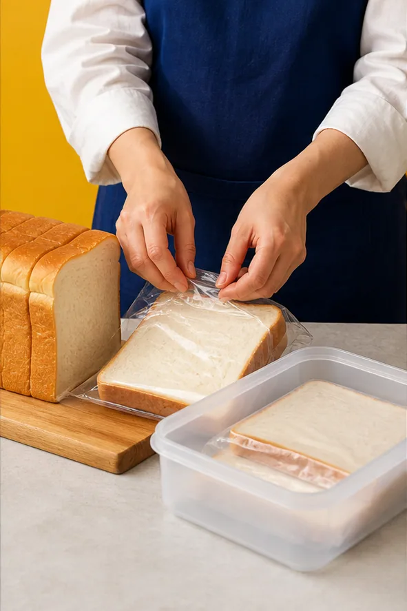 食パンを一枚ずつ包み保存容器へ入れる手元