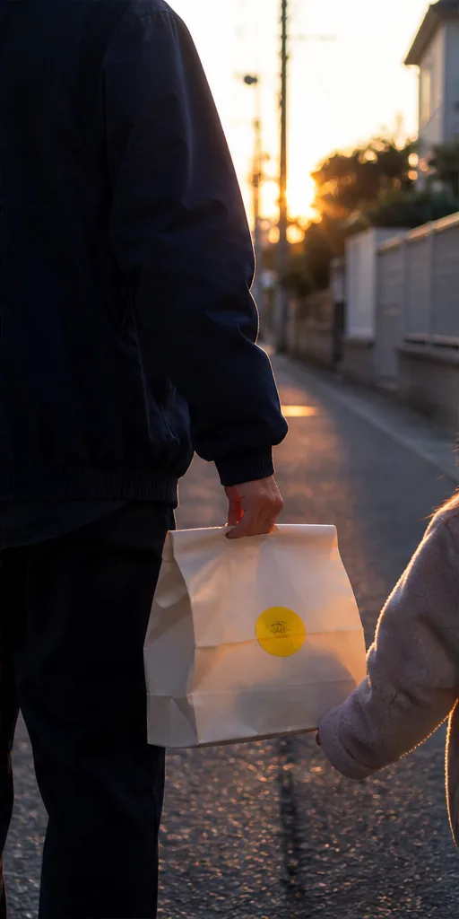 夕方の帰り道にパンの紙袋を持つ親子