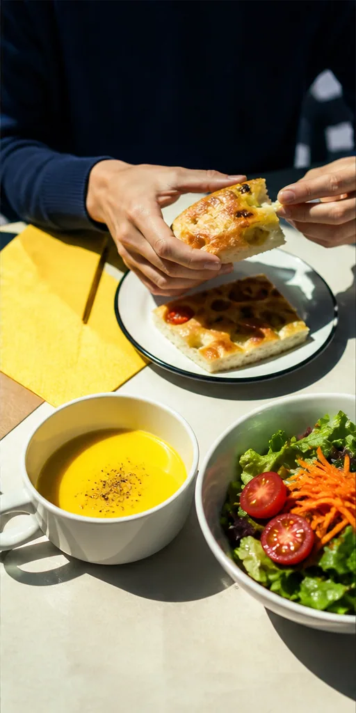 昼食にフォカッチャとスープを合わせる手元