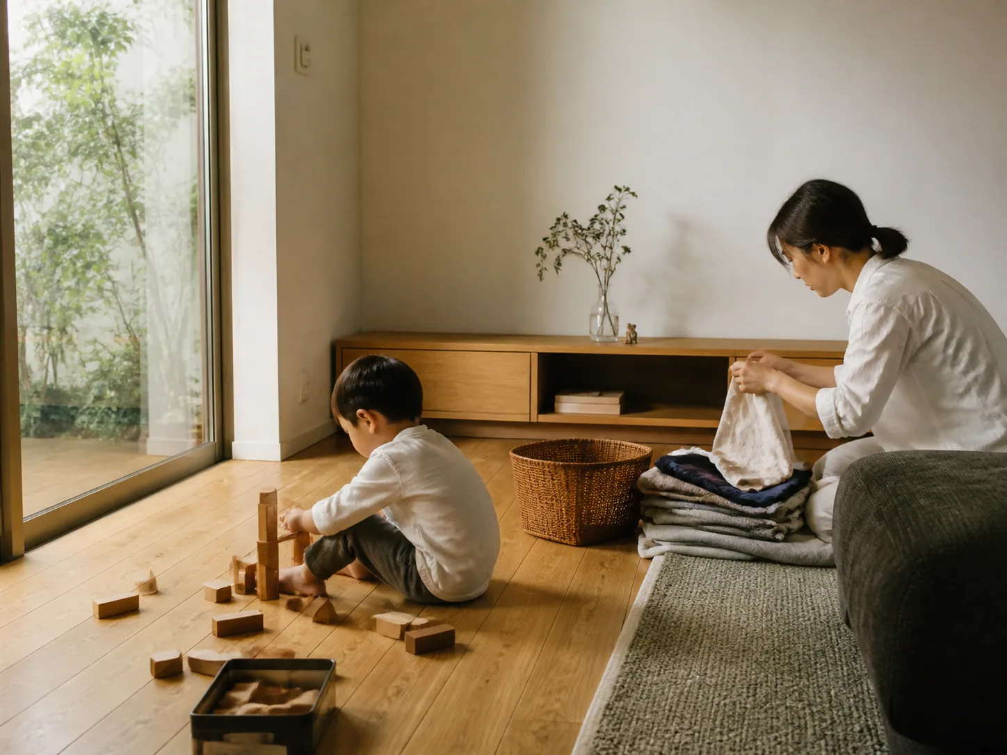 木の床で遊ぶ子どもと、洗濯物をたたむ家族